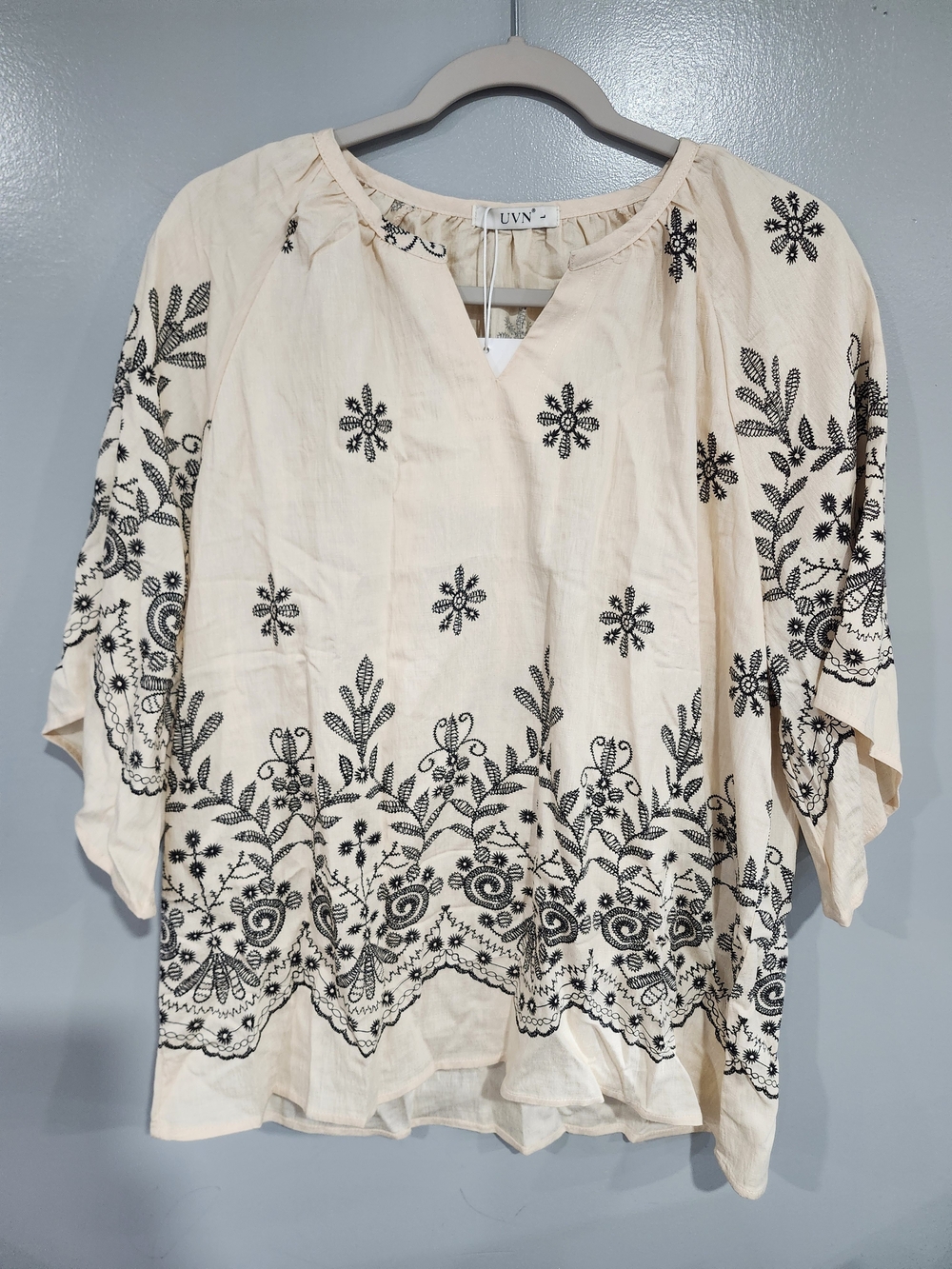 Cream Embroidered Peasant Top - Black Floral Design